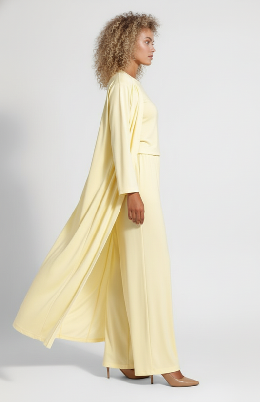 Dames Lounge Set | Lange Open Cardigan + Top + Wijde Broek | Soepelvallende Pasvorm