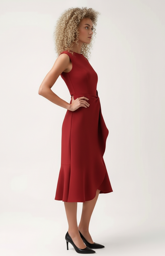 Zarina Dames Midi Jurk | Mouwloos | Asymmetrische Ruffle Afwerking