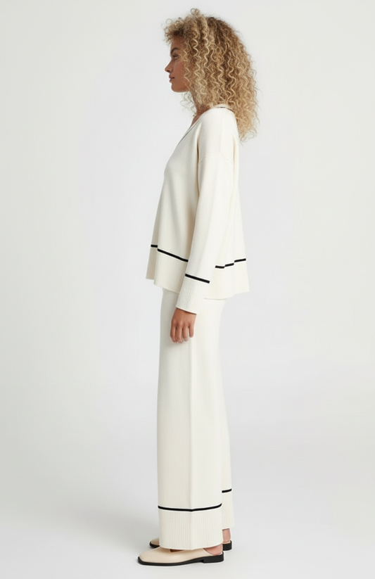 Arlena Dames Lounge Set | V-Hals Trui & Wijde Broek | Fijn Breisel