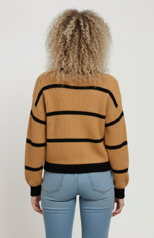 Dames Gebreide Sweater | Gestreept Design | Camel/Zwart