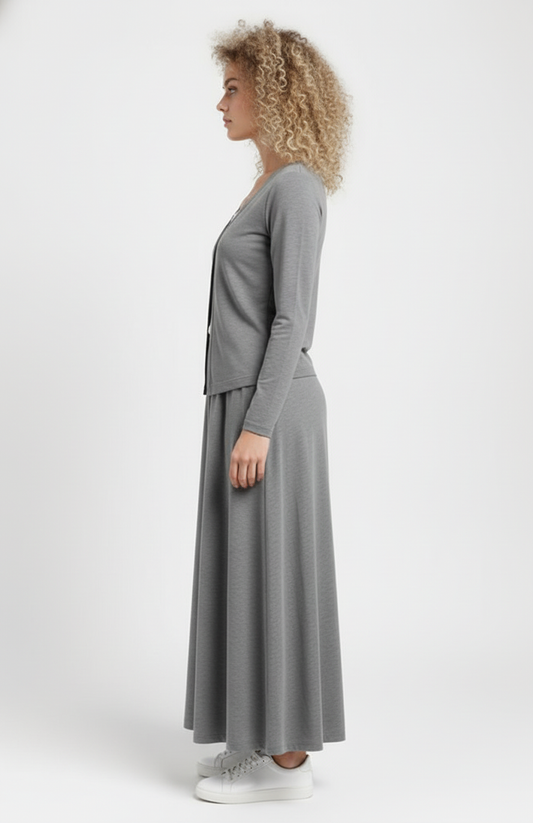 Dames 2-Delige Co-Ord Set | Cardigan & Maxi Rok | Zachte Stretchstof | Grijs