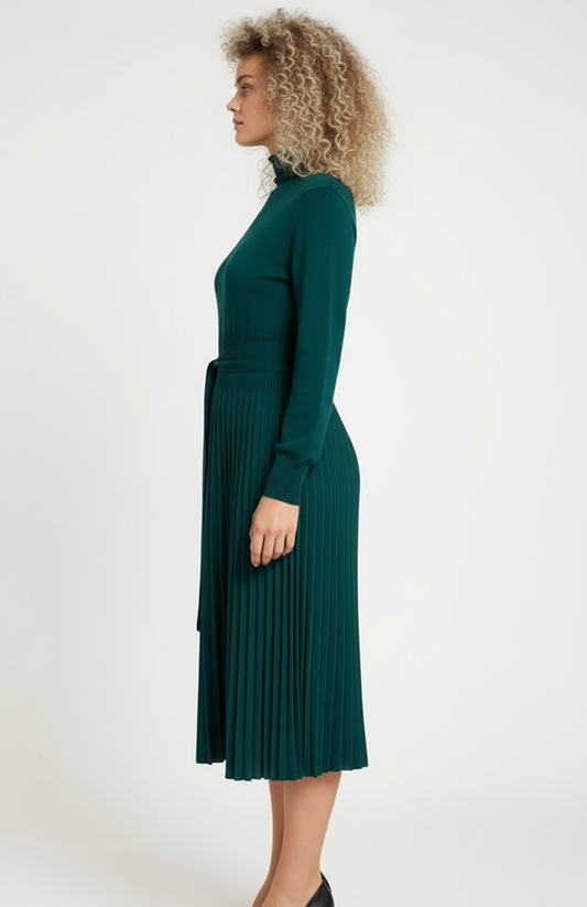 Ginevra Dames Gebreide Jurk | Lange Mouwen | Plissé Rok | Tailleceintuur