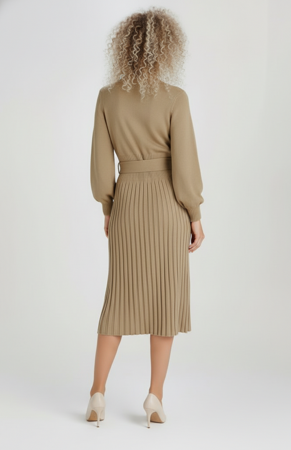 Ginevra Dames Gebreide Jurk | Lange Mouwen | Plissé Rok | Tailleceintuur