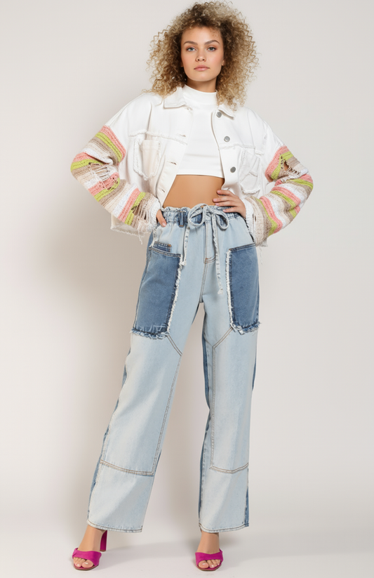 Mirella Denim Jasje | Gebreide Mouwen met Gescheurde Details