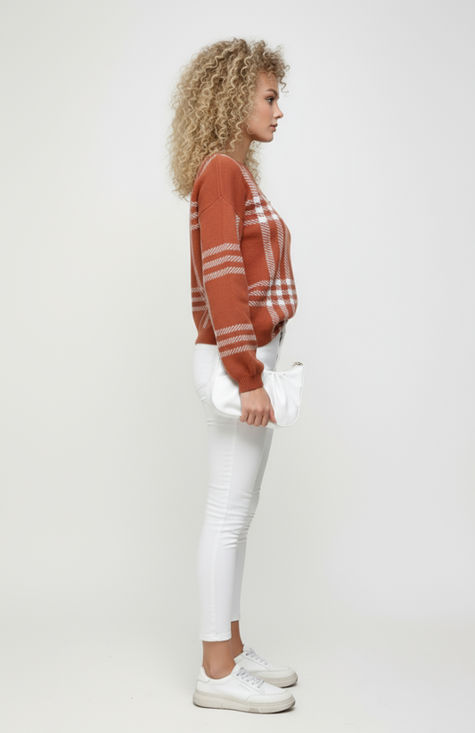 Pernilla Trui Dames | Geruite Sweater met Ronde Halslijn en Gebreid Materiaal