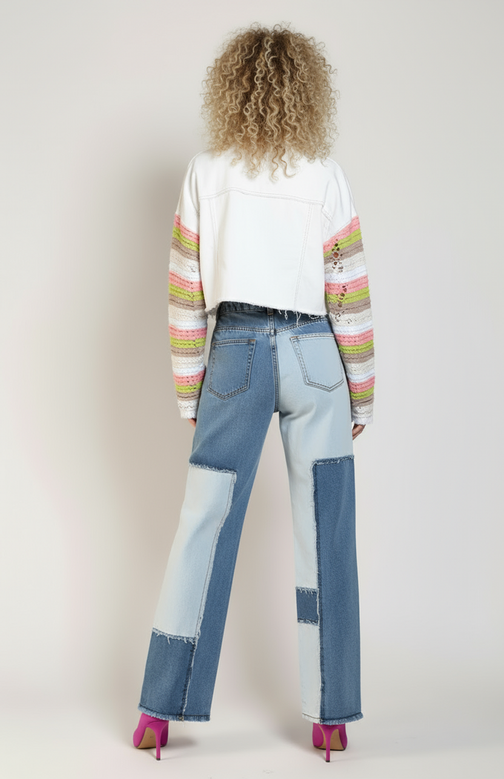 Mirella Denim Jasje | Gebreide Mouwen met Gescheurde Details