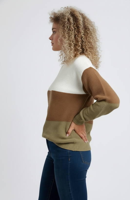 Gerdina Dames Trui | Kleurblokken | Ronde Hals | Zachte Gebreide Structuur