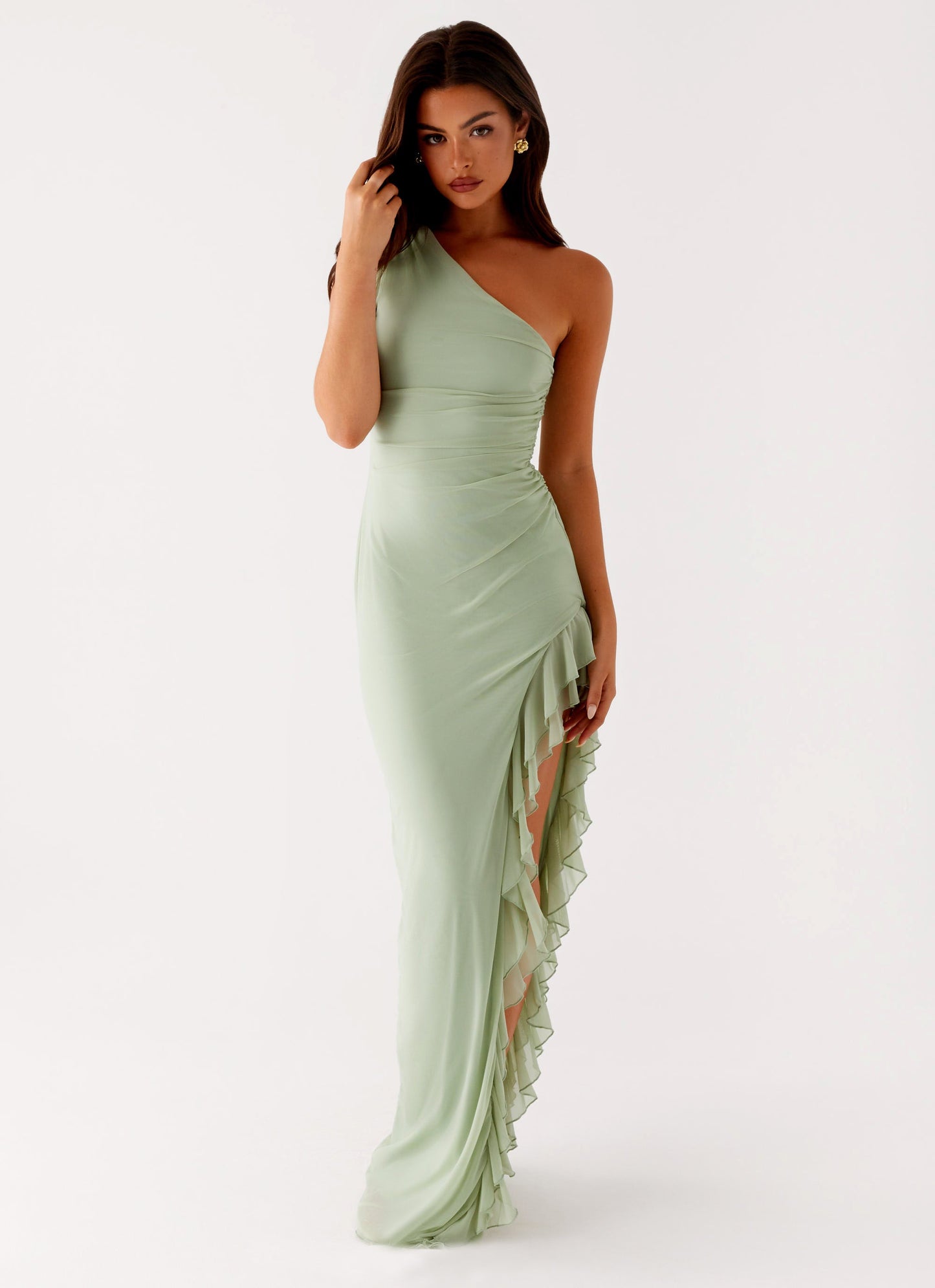 Chiara One-Shoulder Maxi Jurk – Aansluitend Saliegroen met Ruches voor Dames 1