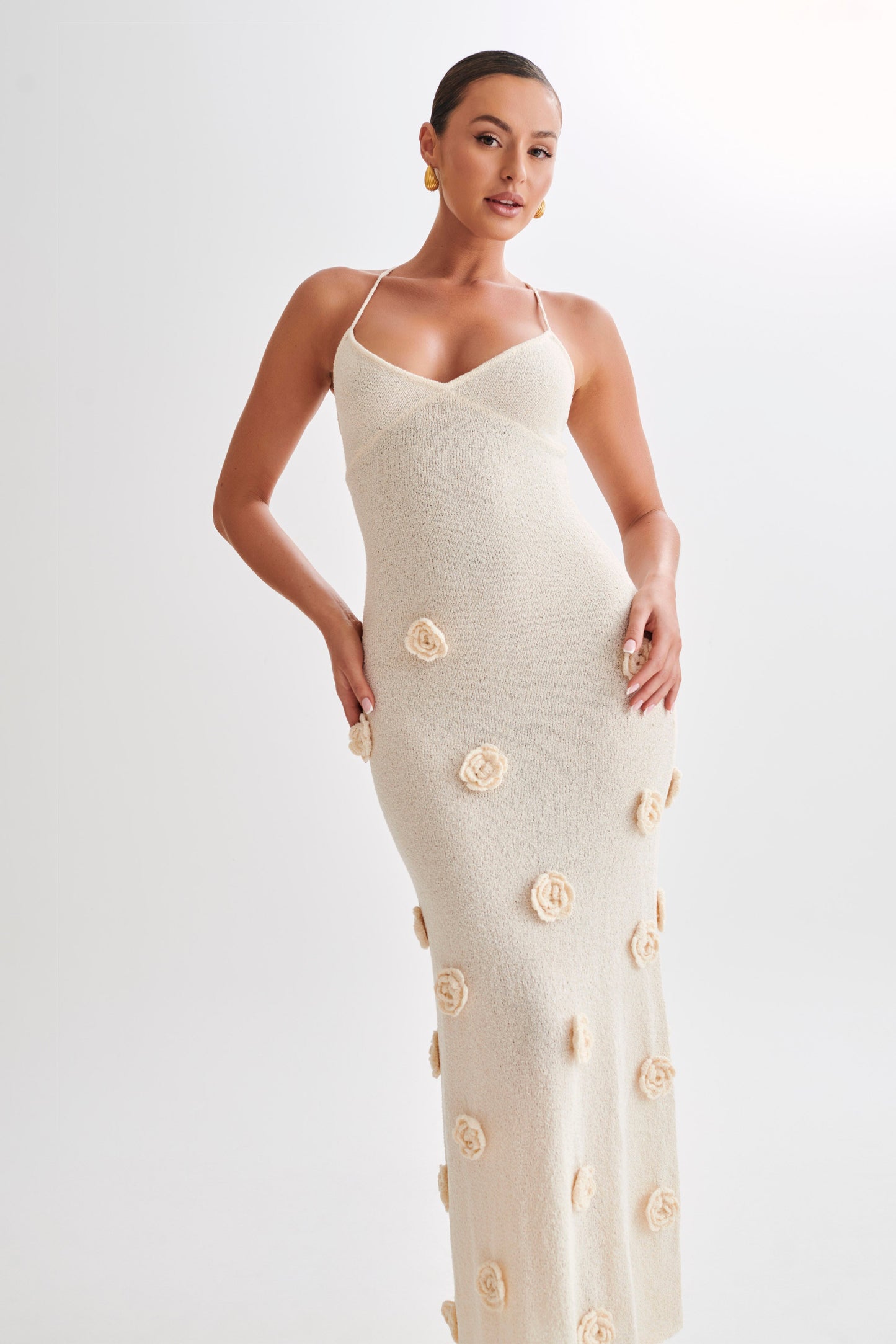 Marina Gebreide Maxi Jurk – Zachte Ribstructuur met Elegante V-hals en Lange Mouwen 5