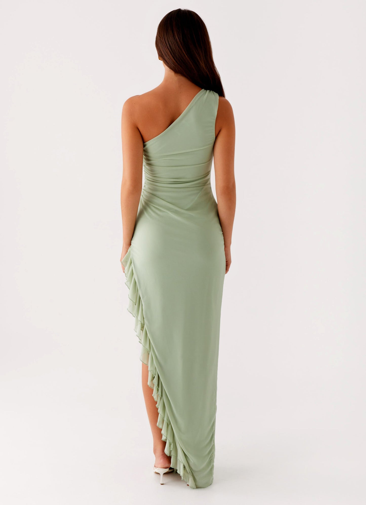 Chiara One-Shoulder Maxi Jurk – Aansluitend Saliegroen met Ruches voor Dames 4