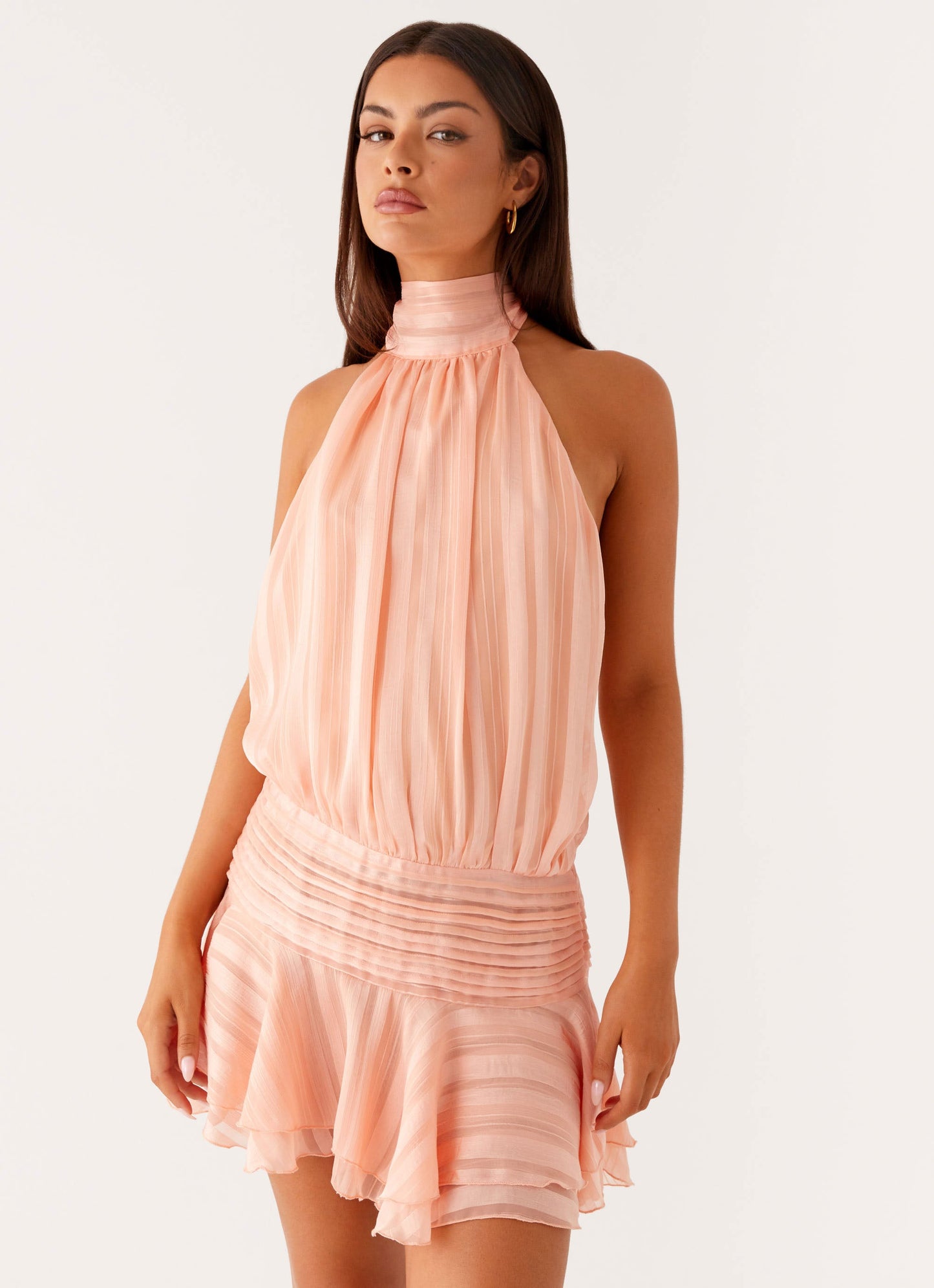 Isadora Chiffon Mini-jurk | Fuchsia Halternek met Gelaagde Rok 13