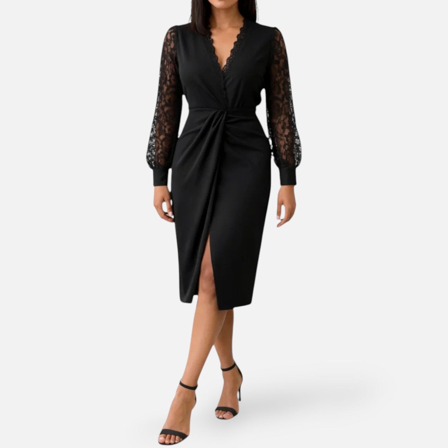 Alessia Dames Jurk | Getailleerd | Met Kanten Mouwen | Elegante Midi Galajurk 0