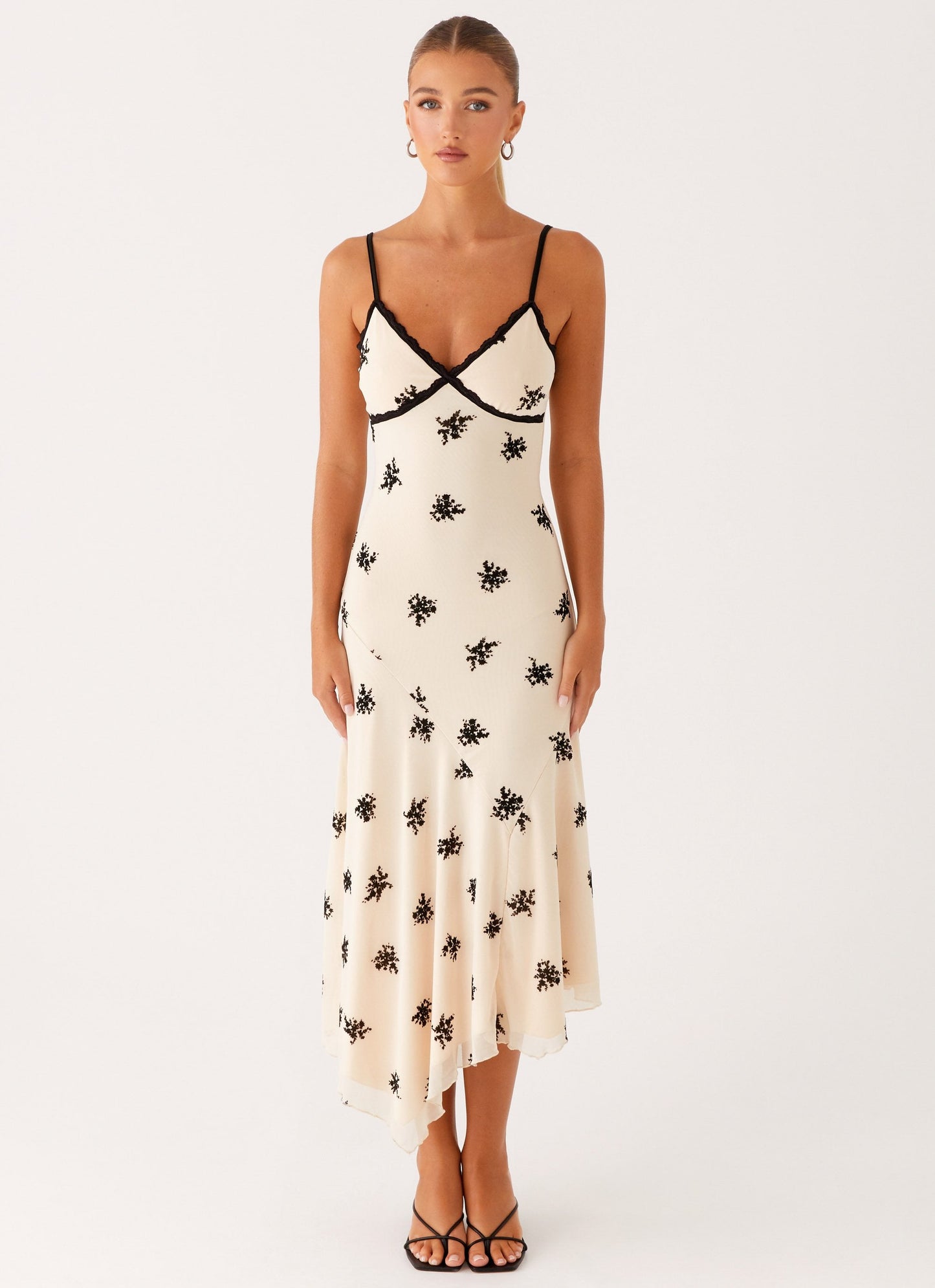 Allegra Dames Midi Jurk | V-hals | Asymmetrische Zoomlijn | Bloemenborduurwerk 0