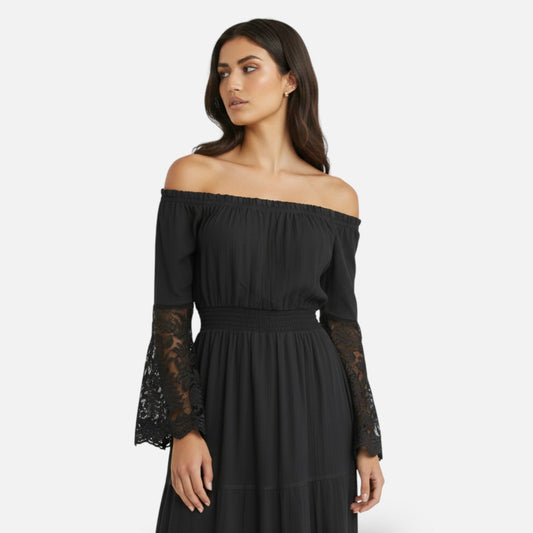 Allegra Lange Jurk Dames | Off-Shoulder | Vloeiend | Kantdetails 2