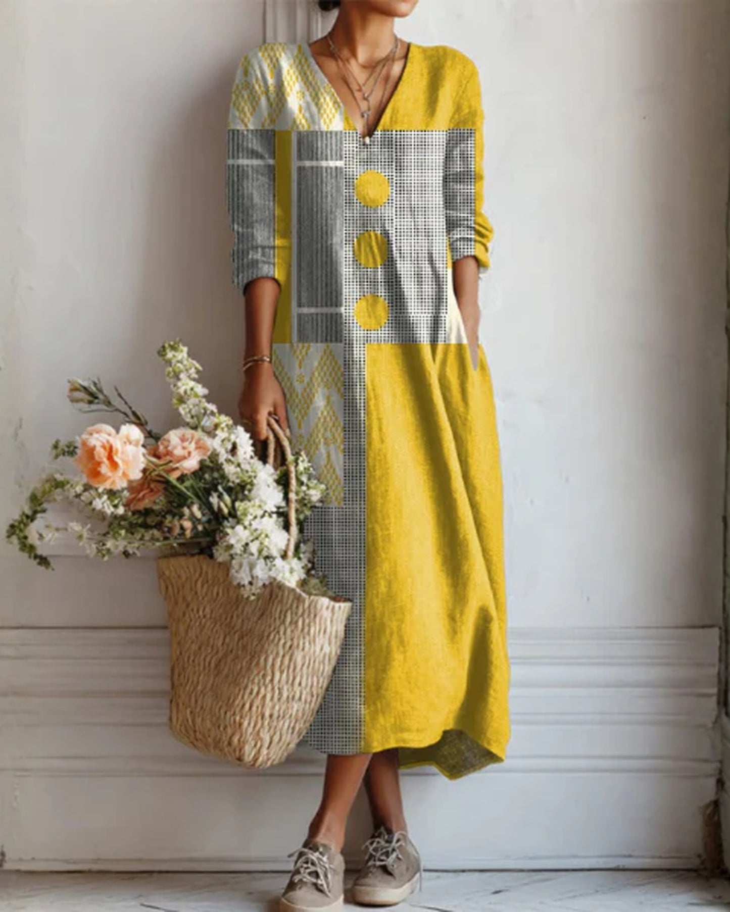 Aleth Dames Midi Kjole | V-Hals | Blomsterprint