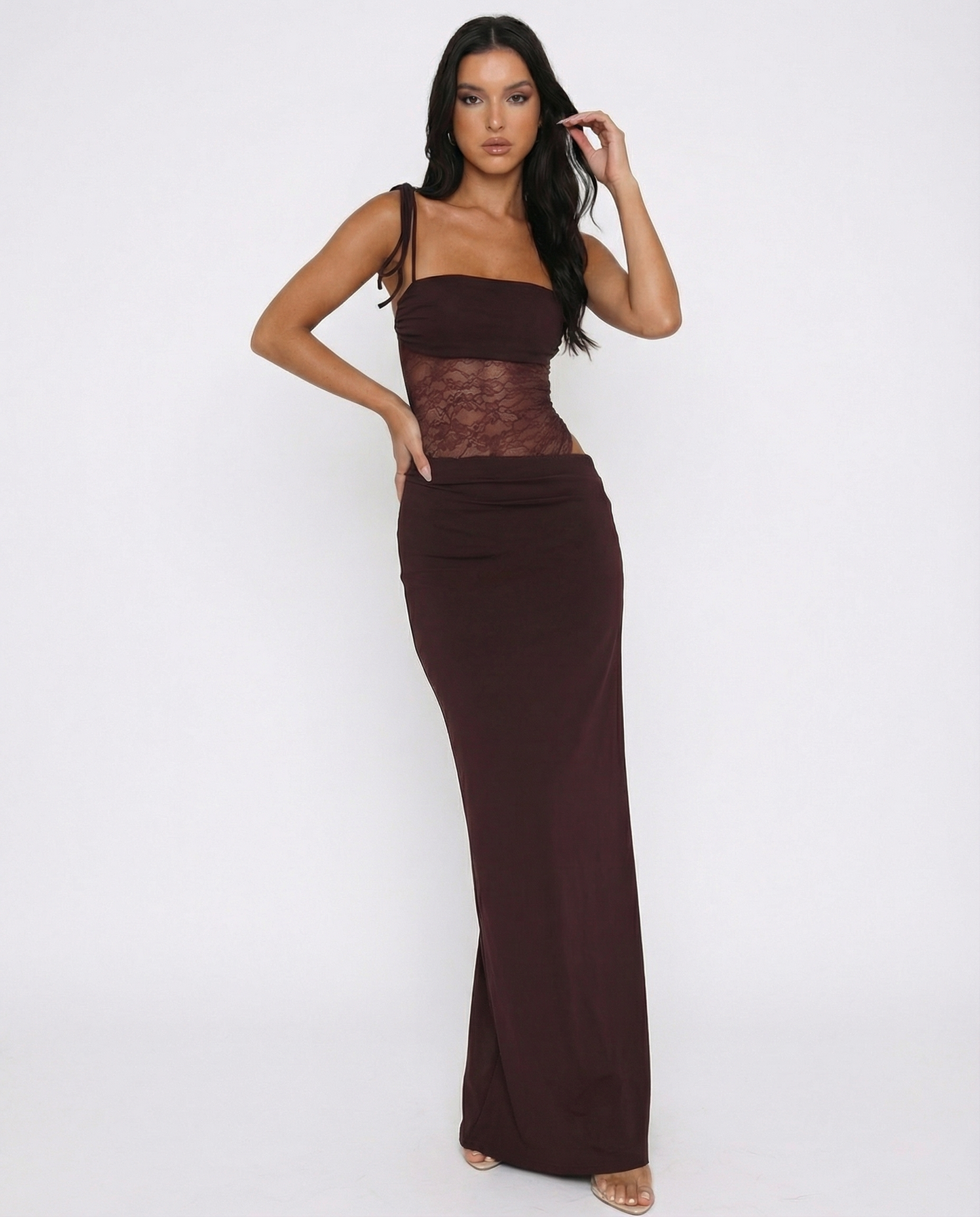 Arianna Lange Jurk Dames | Bandeau | Met Kantpaneel | Vloeiende Rok 0