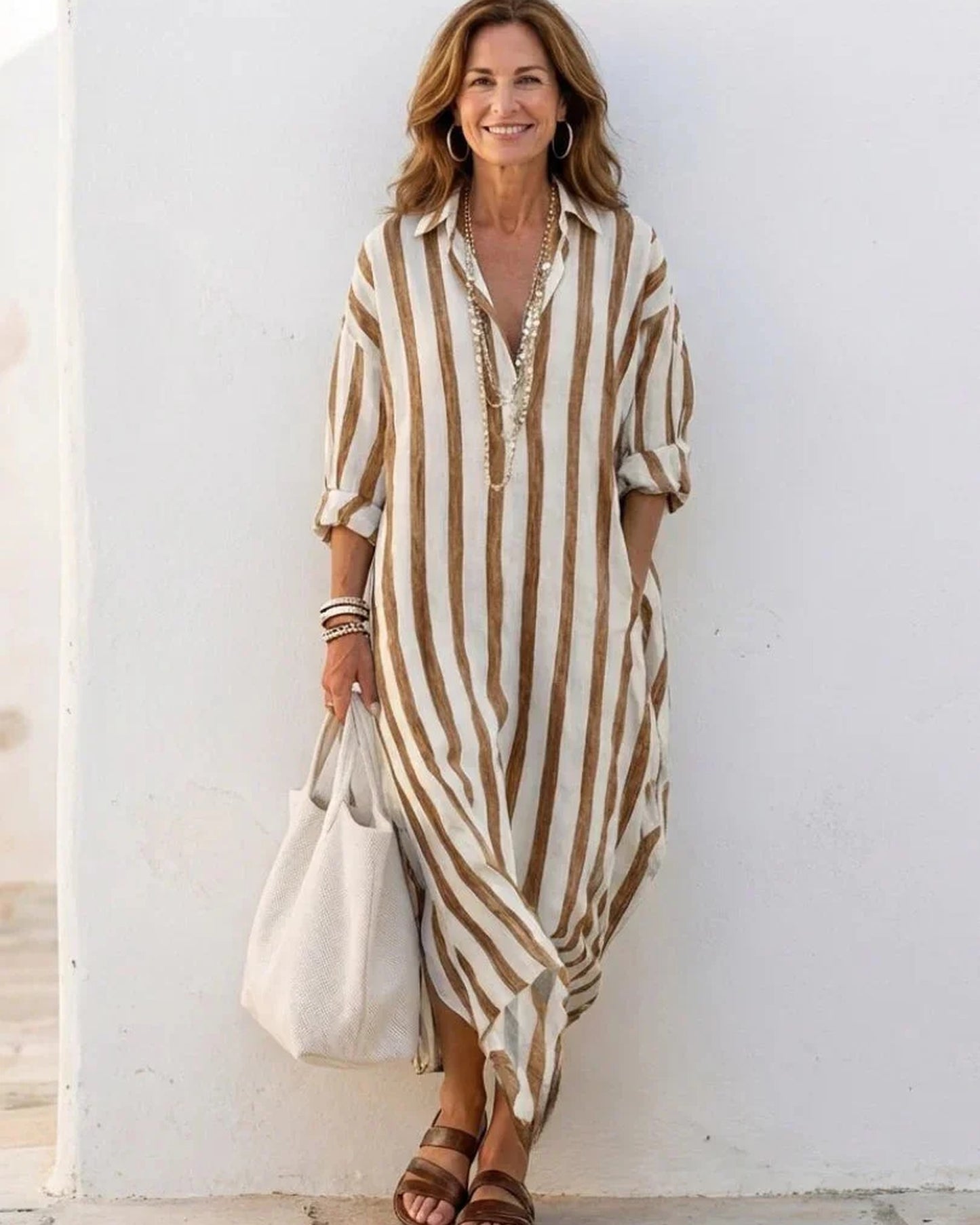 Anceline Dames Maxi Jurk | Verticale Streepprint | Oprolbare Mouwen