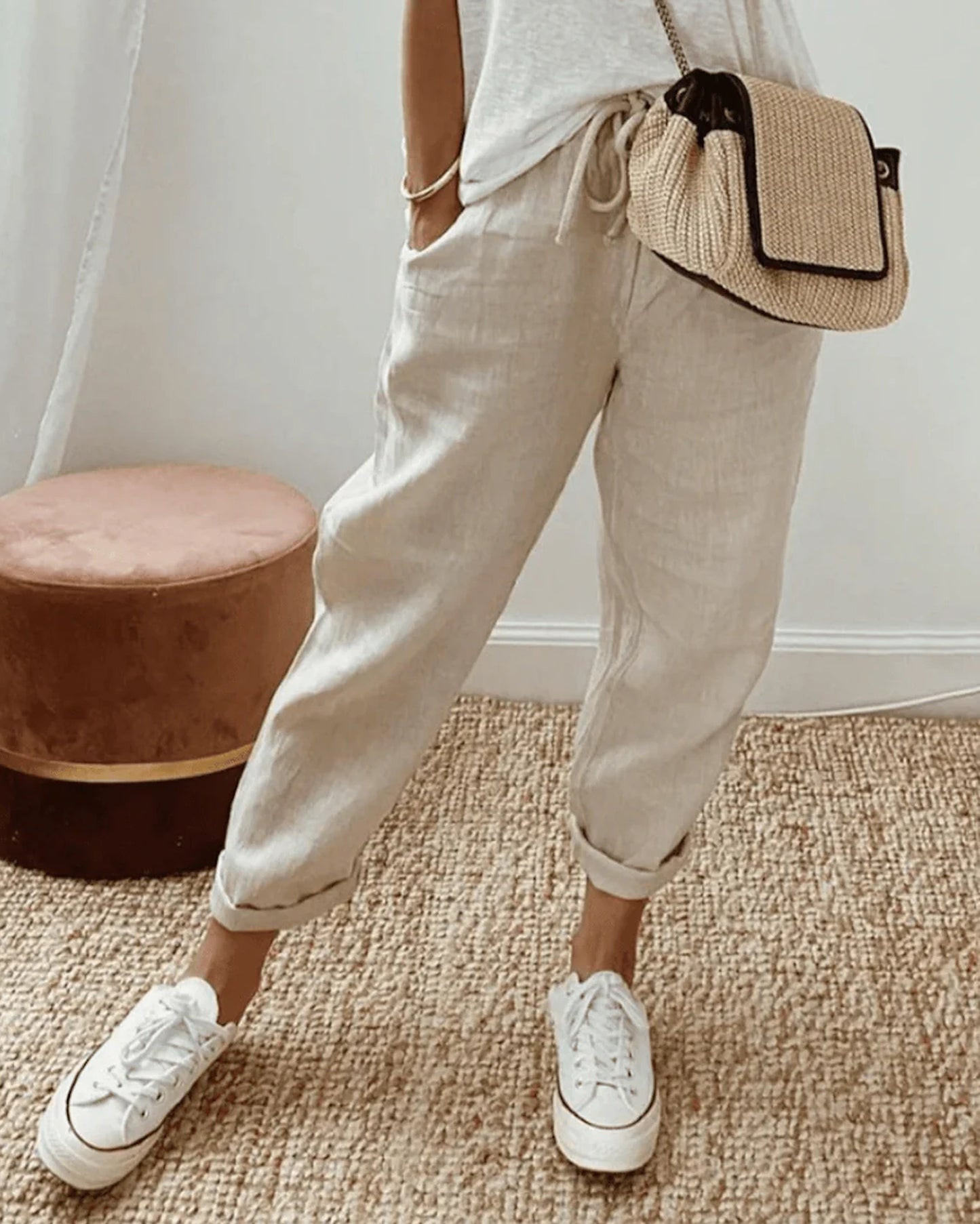 Amelie Dames Broek | Elastische Tailleband | Gerolde Zoom
