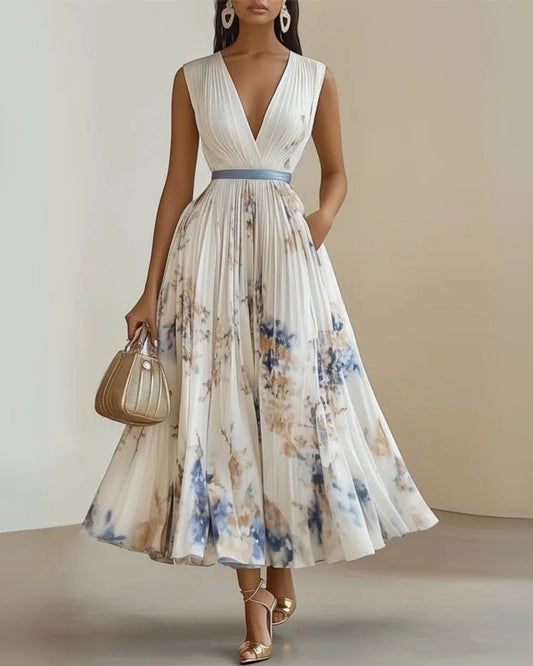 Gerberge Dames Maxi Jurk | Diepe V-Hals | Geplisseerde Rok