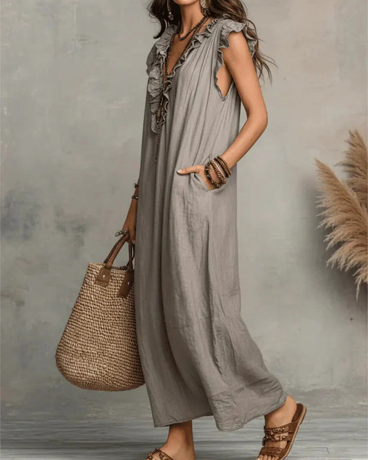 Lucette Dame Maxi Kjole | V-Hals | Flæser Detalje
