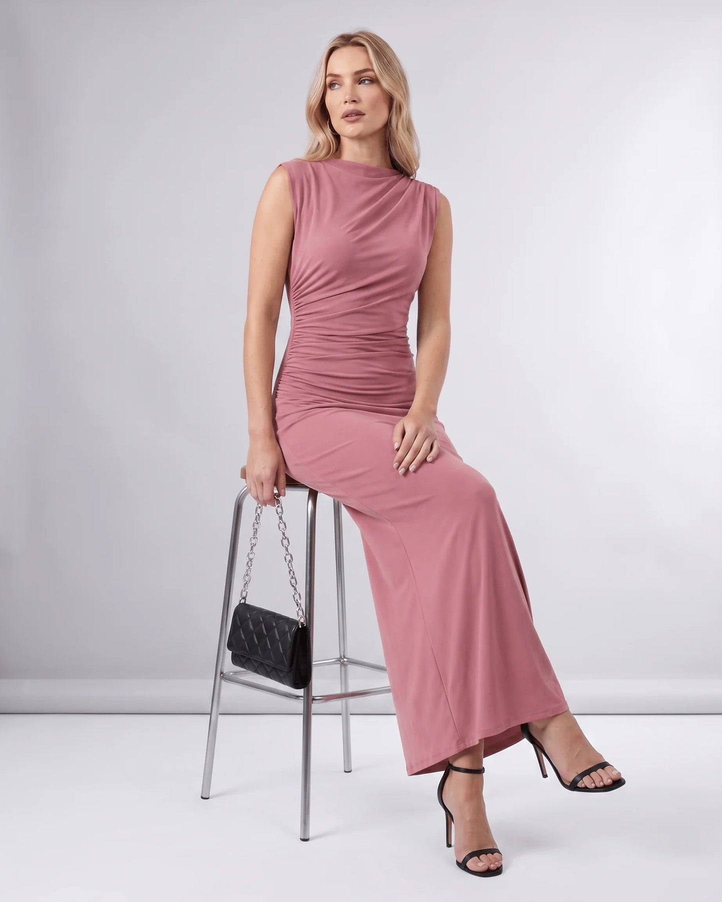 Martine Dames Midi Jurk | Gedrapeerde Taille | Ronde Halslijn