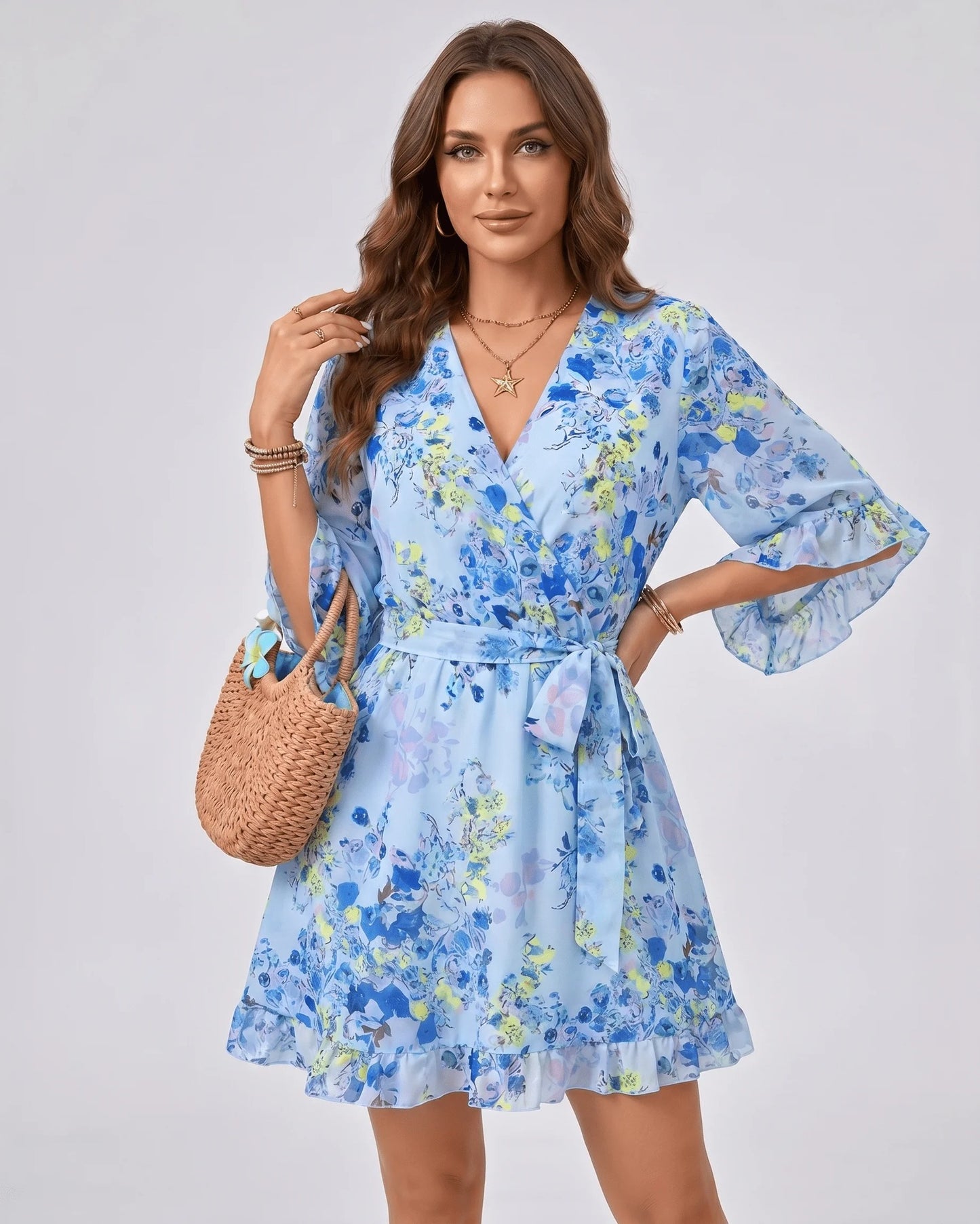 Louise Dames Mini Jurk | Bloemenprint | Overslag met Strikband
