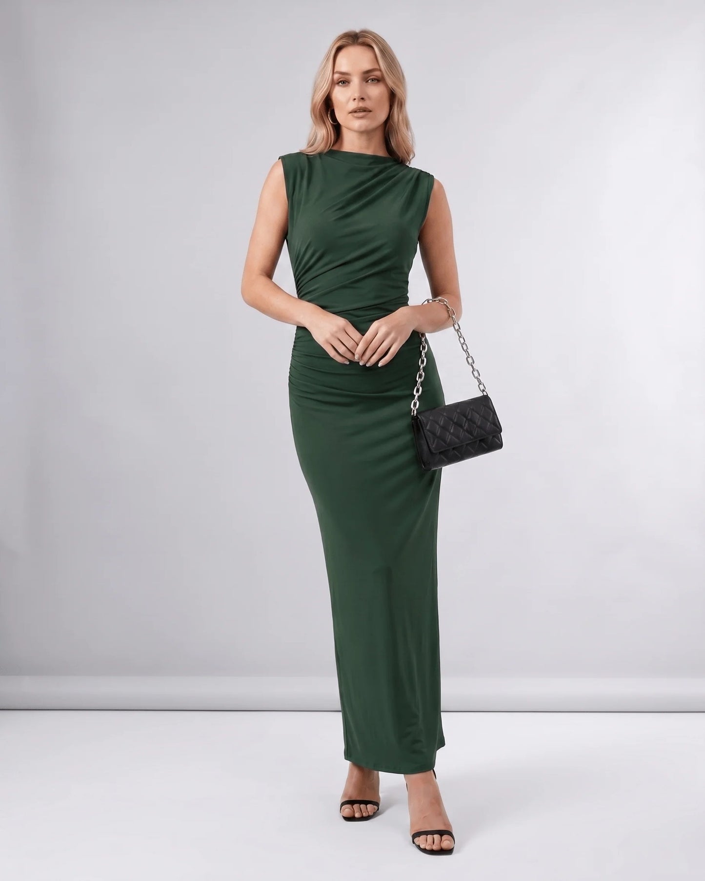 Martine Dames Midi Jurk | Gedrapeerde Taille | Ronde Halslijn