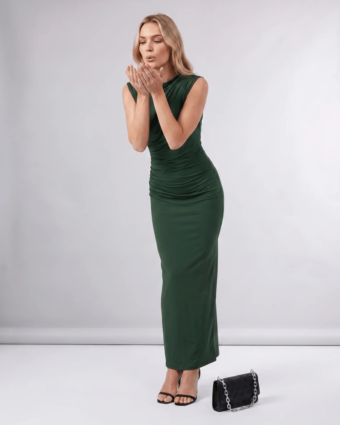 Martine Dames Midi Jurk | Gedrapeerde Taille | Ronde Halslijn