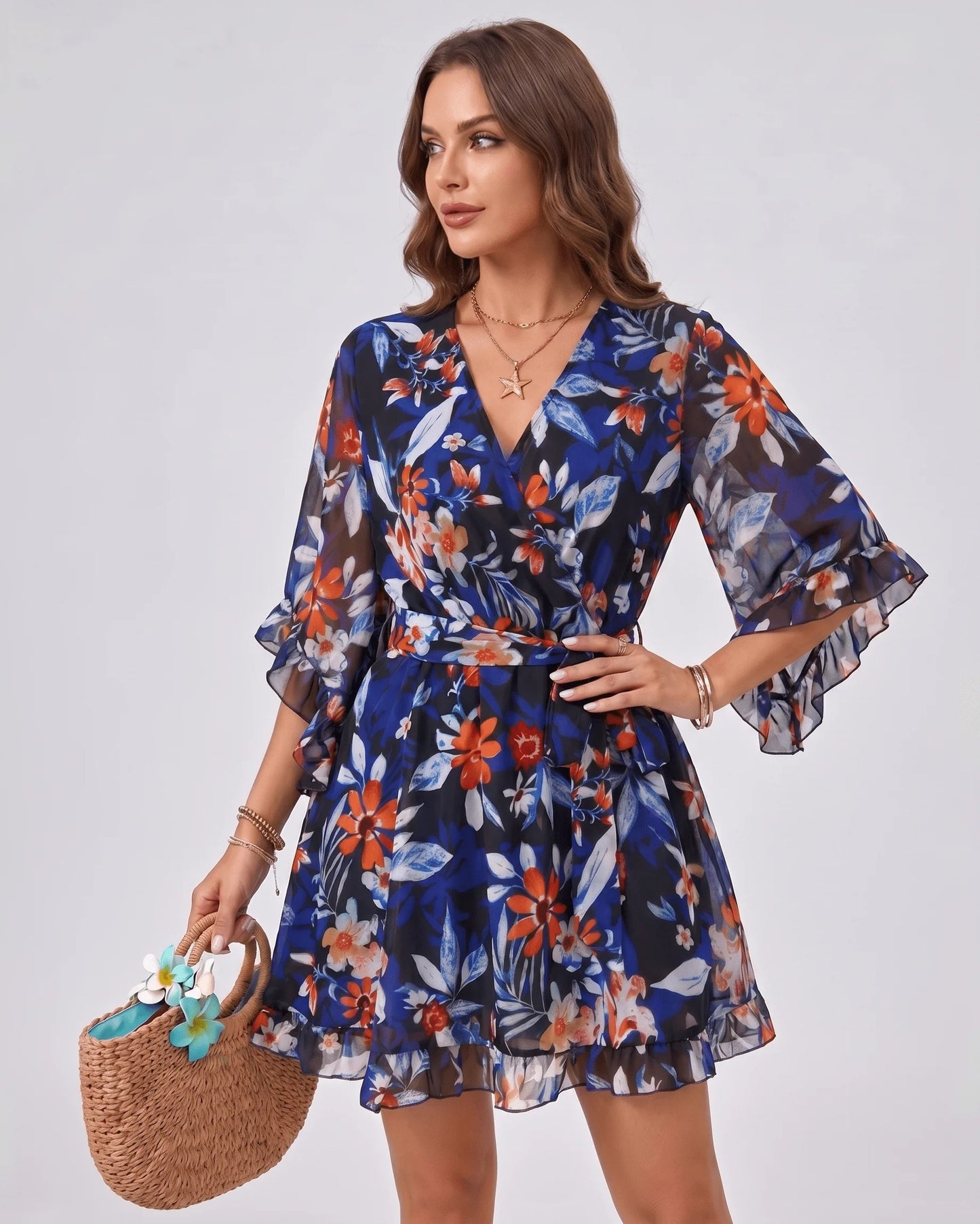 Louise Dames Mini Jurk | Bloemenprint | Overslag met Strikband
