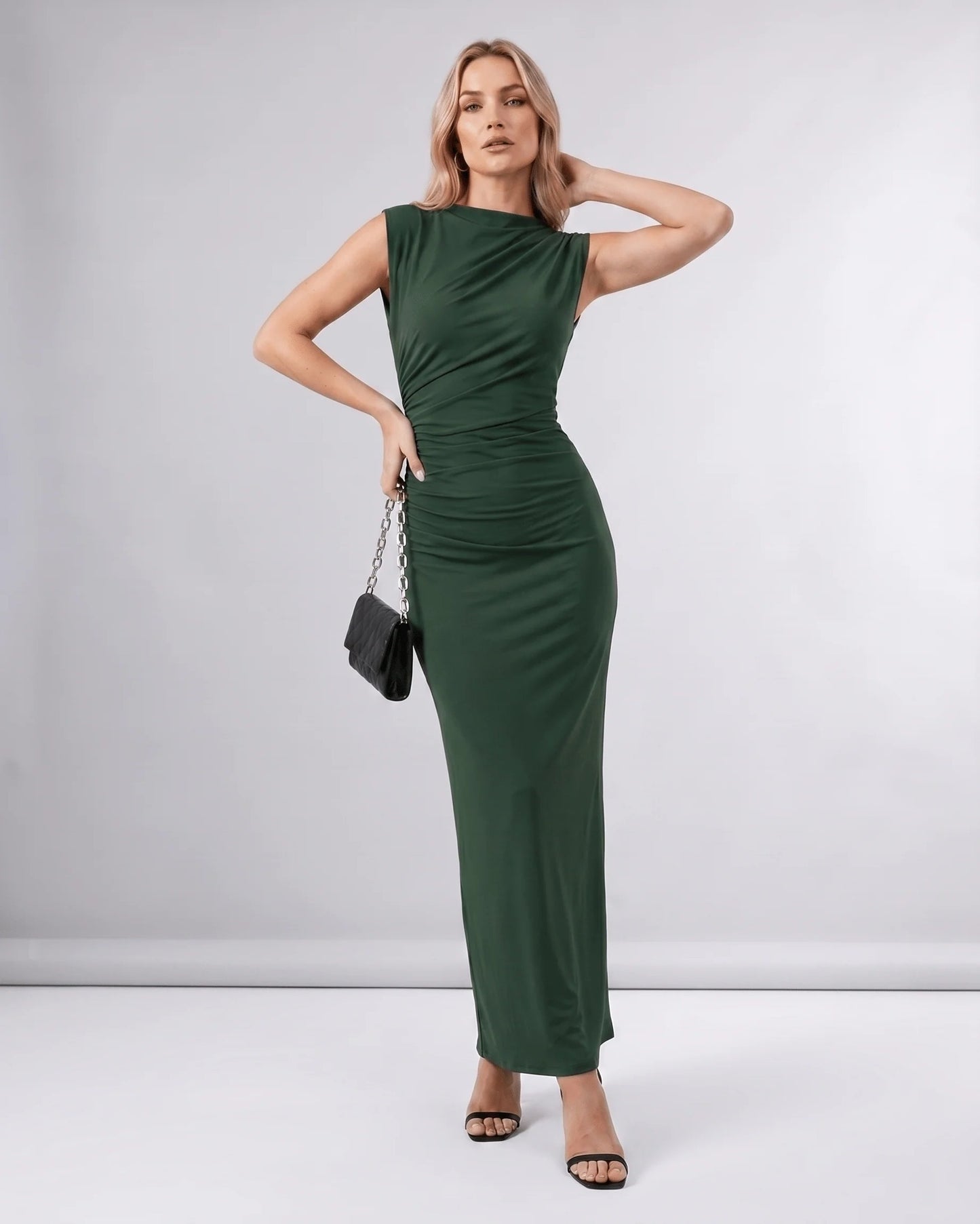 Martine Dames Midi Jurk | Gedrapeerde Taille | Ronde Halslijn
