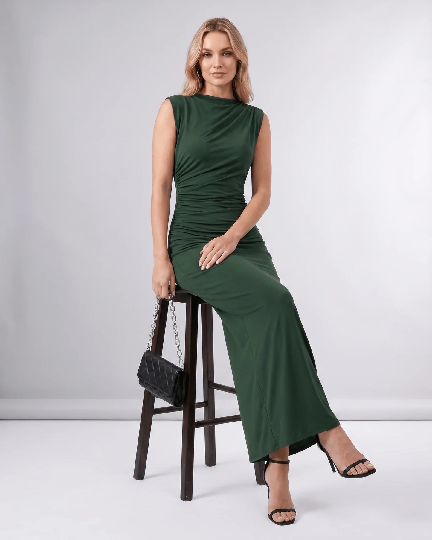 Martine Dames Midi Jurk | Gedrapeerde Taille | Ronde Halslijn