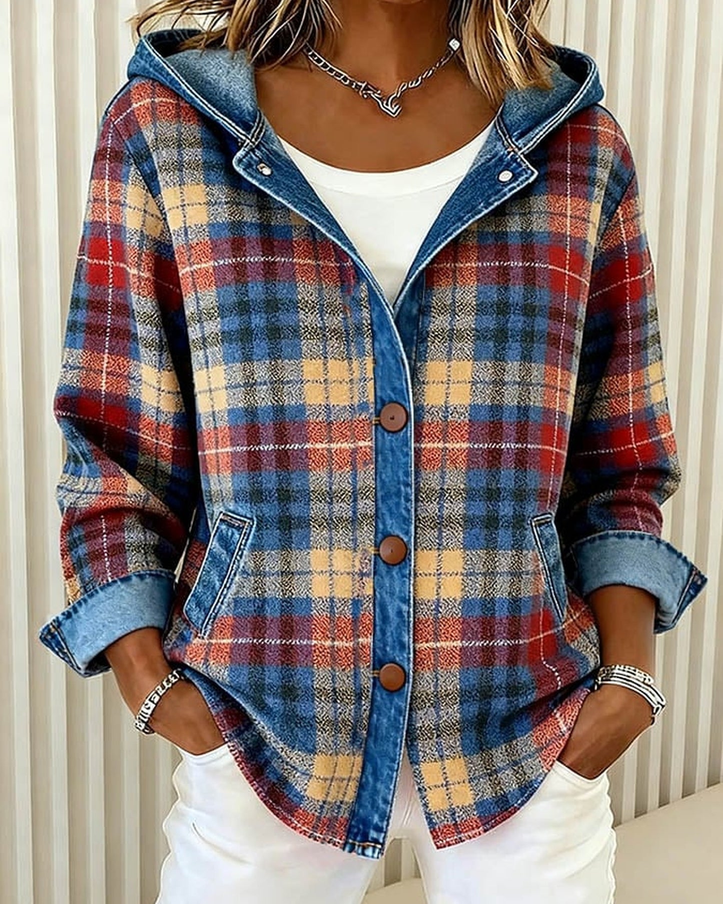 Eunice Damejakke | Denim Hætte | Ternet Print Knapper