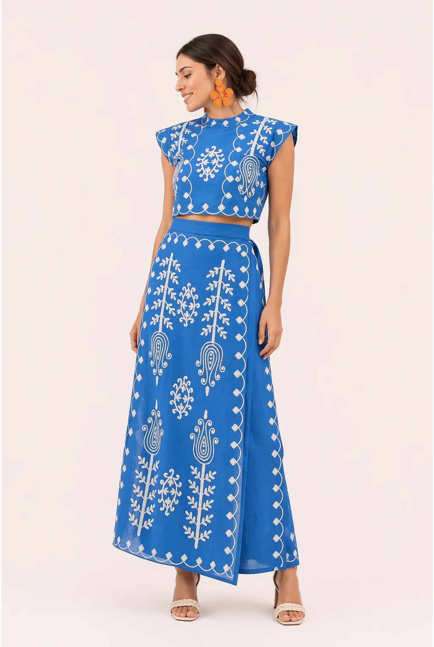 Ségolène Co-Ord Set | Embroidered Motif | Maxi Skirt