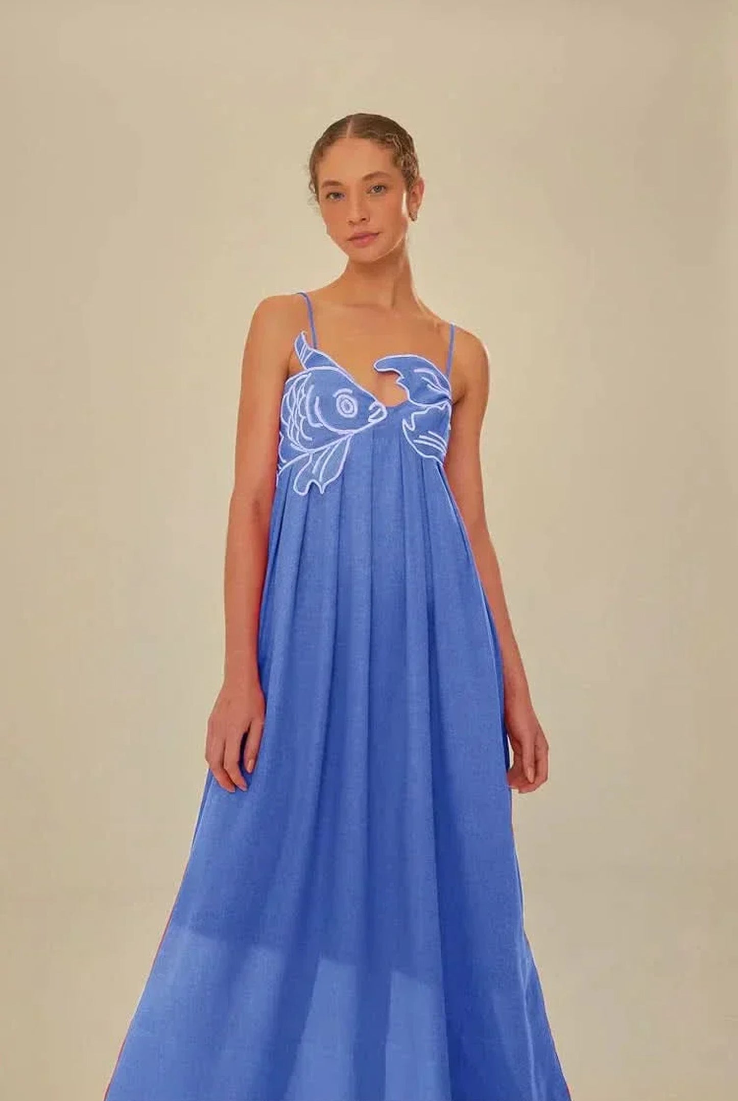Michèle Ladies Maxi Dress | Koi Fish Embroidery | Contrast Piping