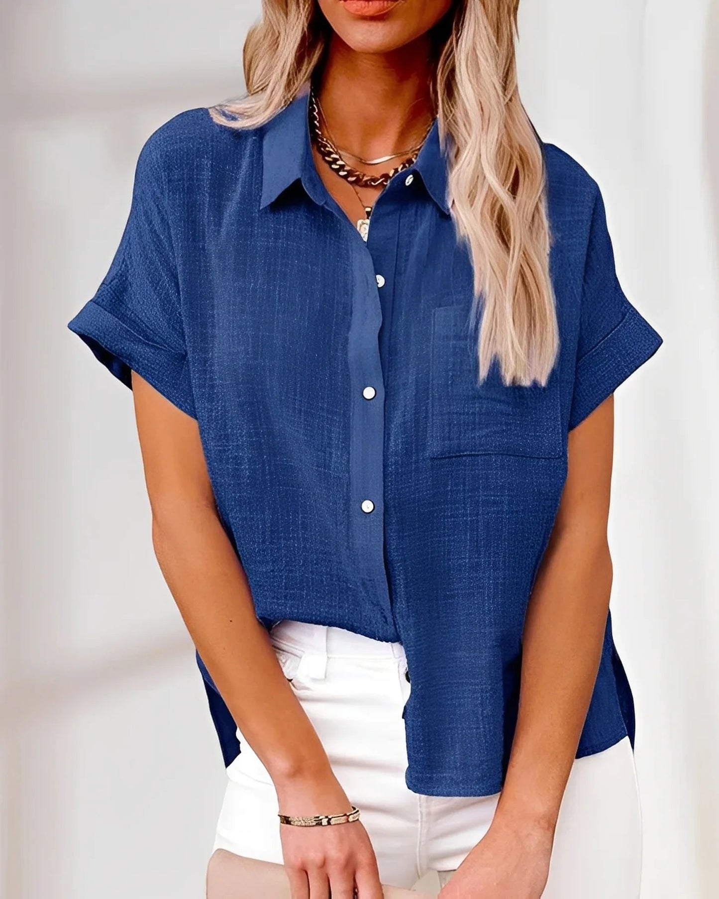 Milène Dames Blouse | Overhemdkraag | Korte Mouwen