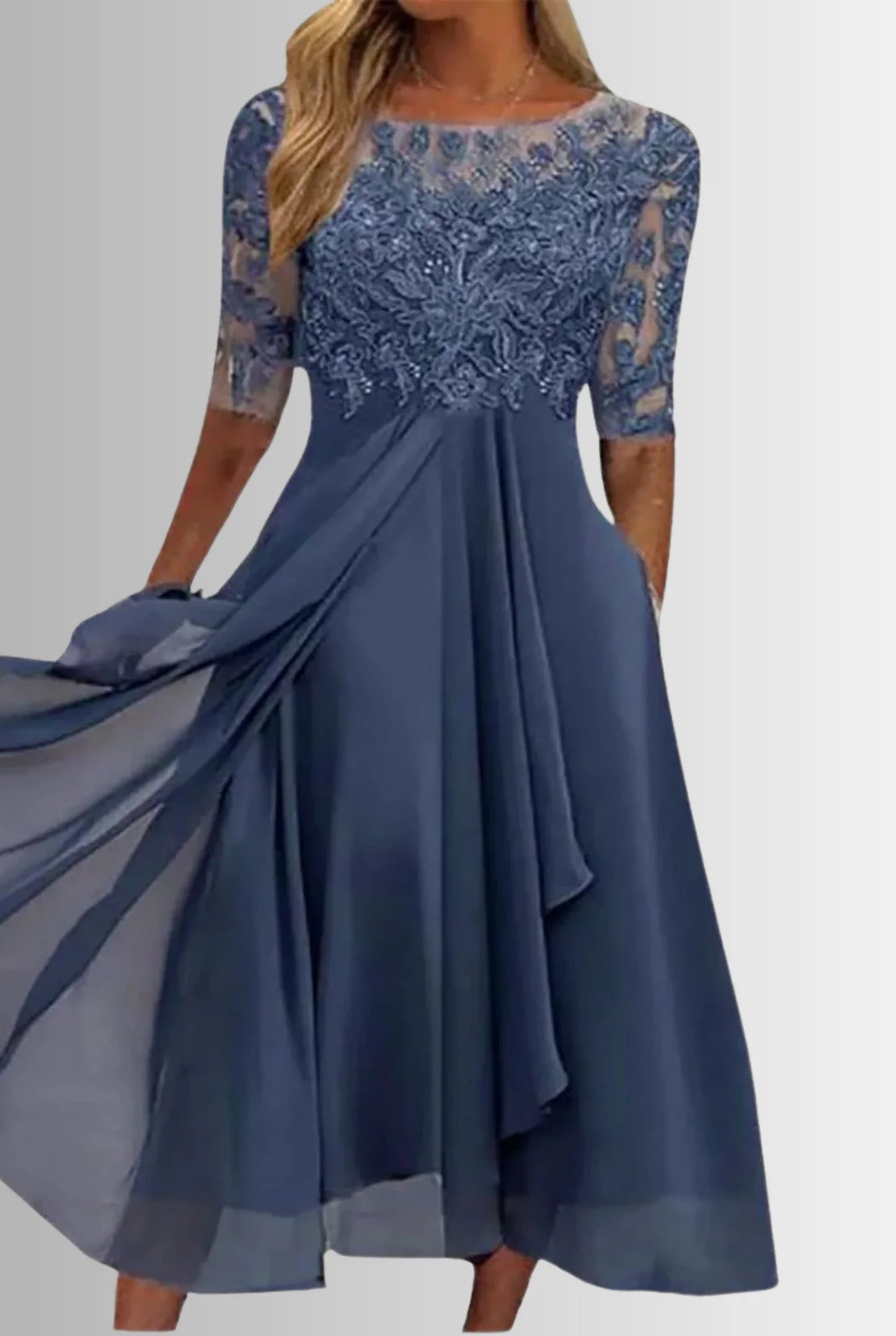 Ameline Dames Midi Jurk | Kanten Bovenstuk | Driekwart Mouwen
