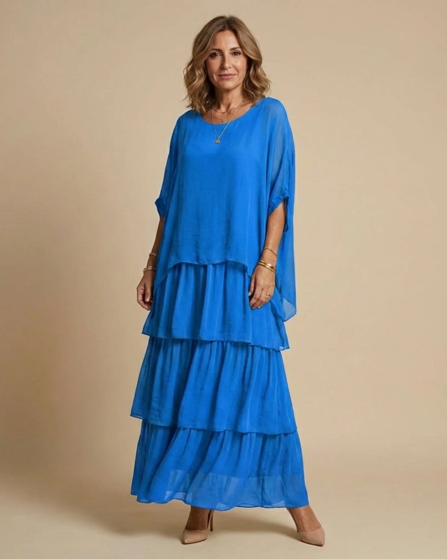 Reinette Dames Maxi Jurk | Gelaagde Rok | Vleermuismouwen