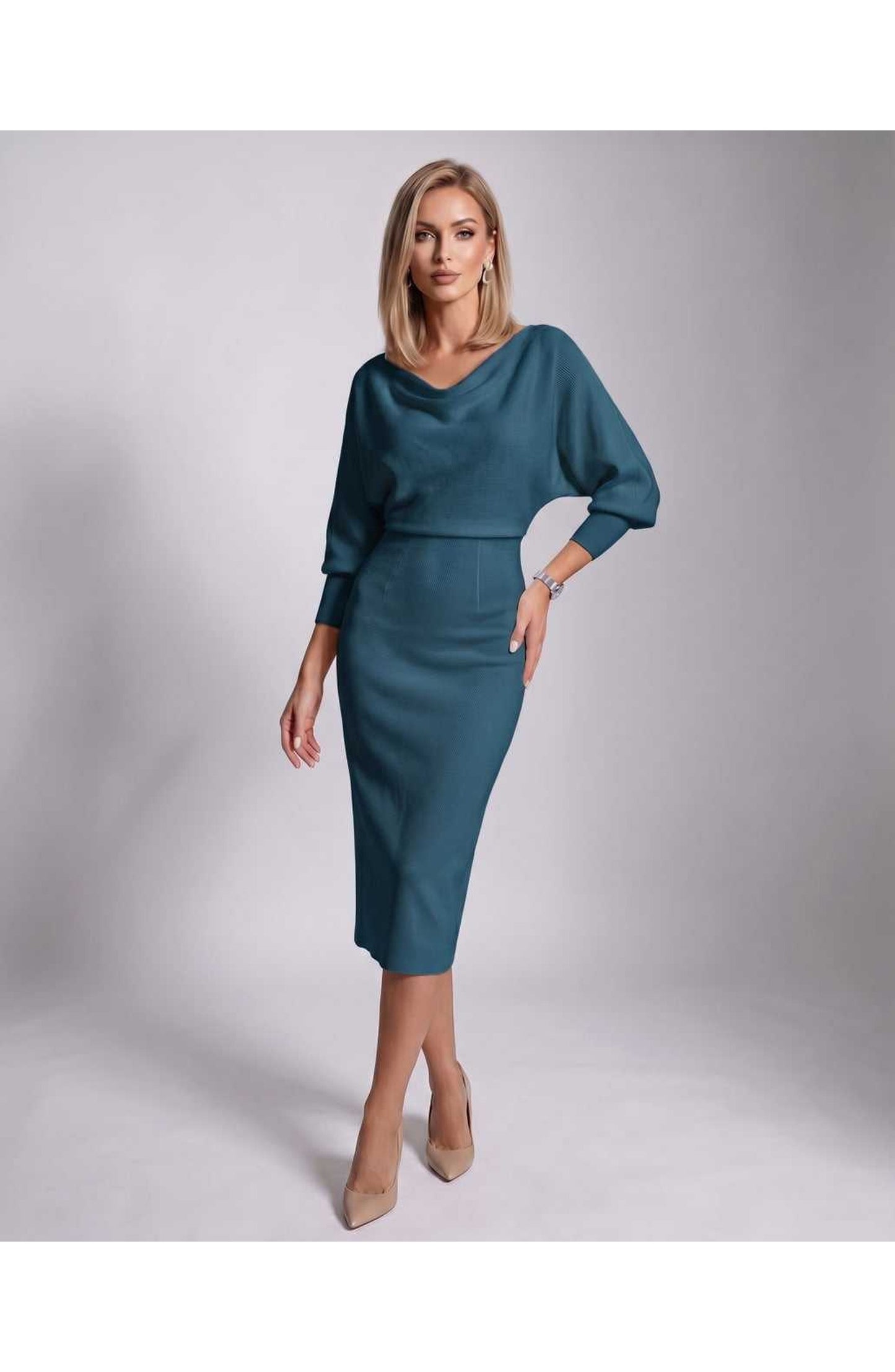Brigitte Women's Midi Dress | Waterfall Neckline | Balloon Sleeves
