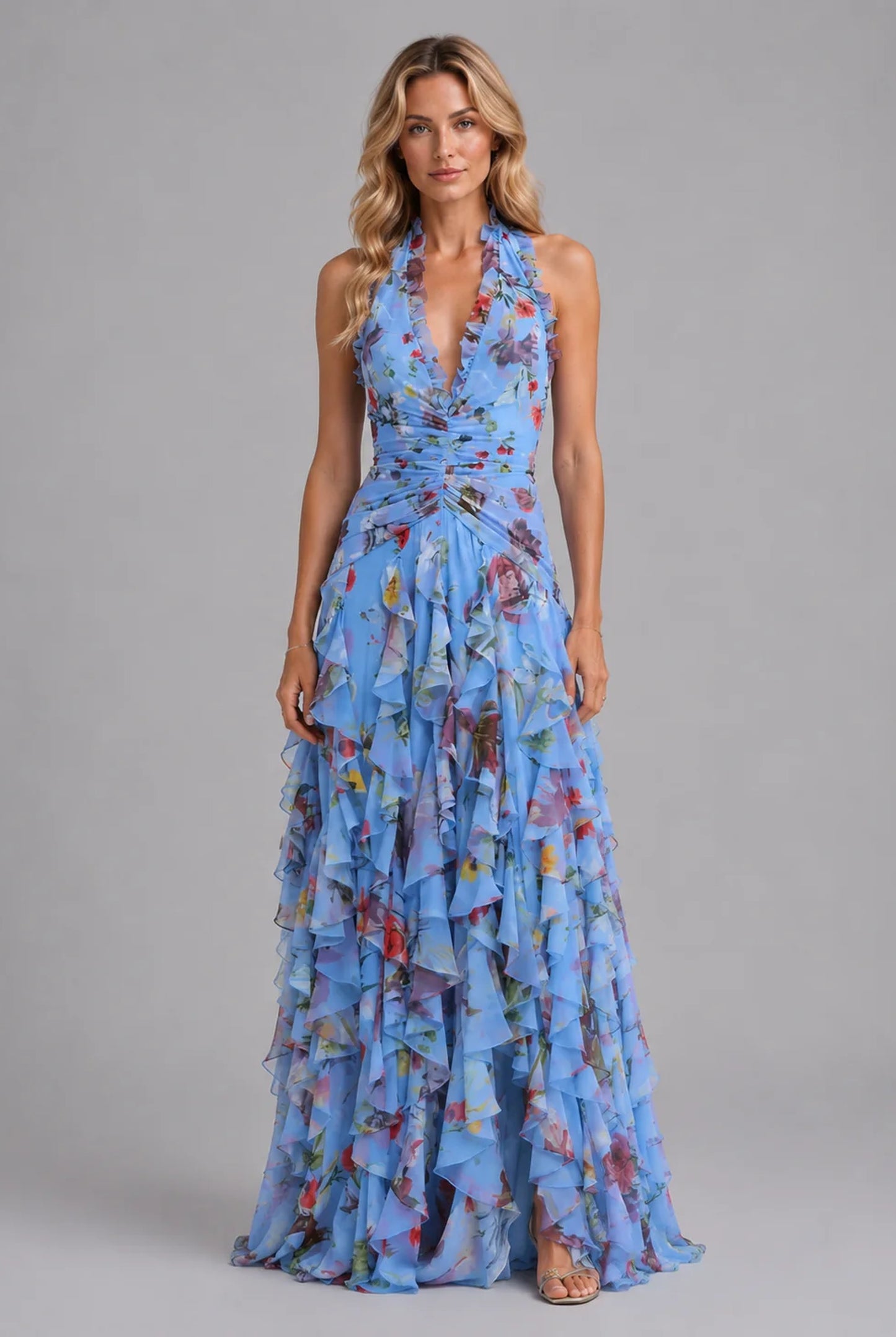 Maëline Dames Maxi Kjole | Dyb Halter V-Hals | Lagdelte Ruffles Nederdel