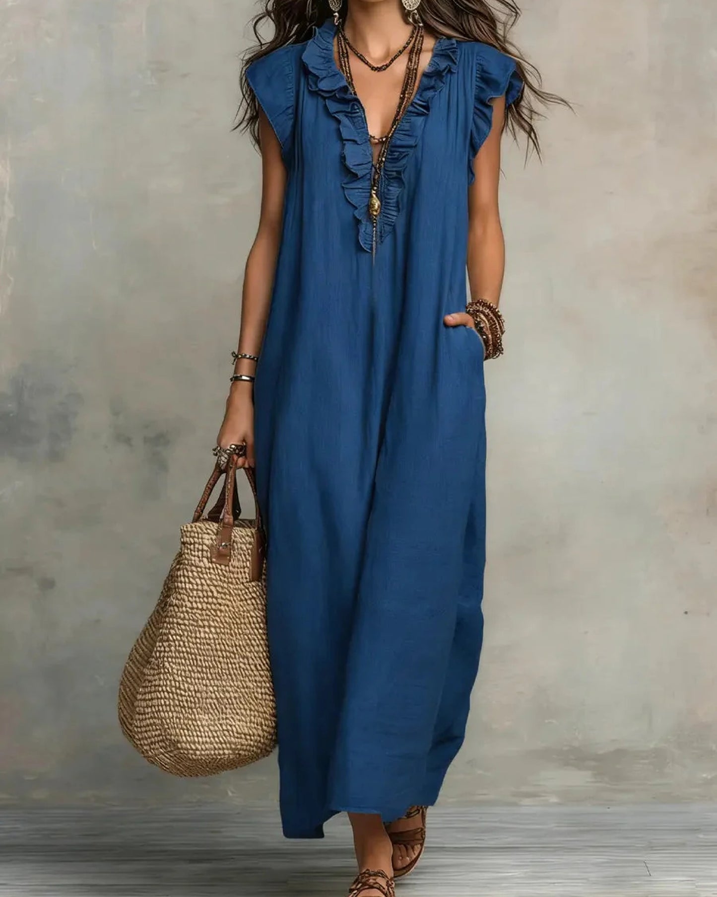 Lucette Dames Maxi Jurk | V-Hals | Ruches Detail