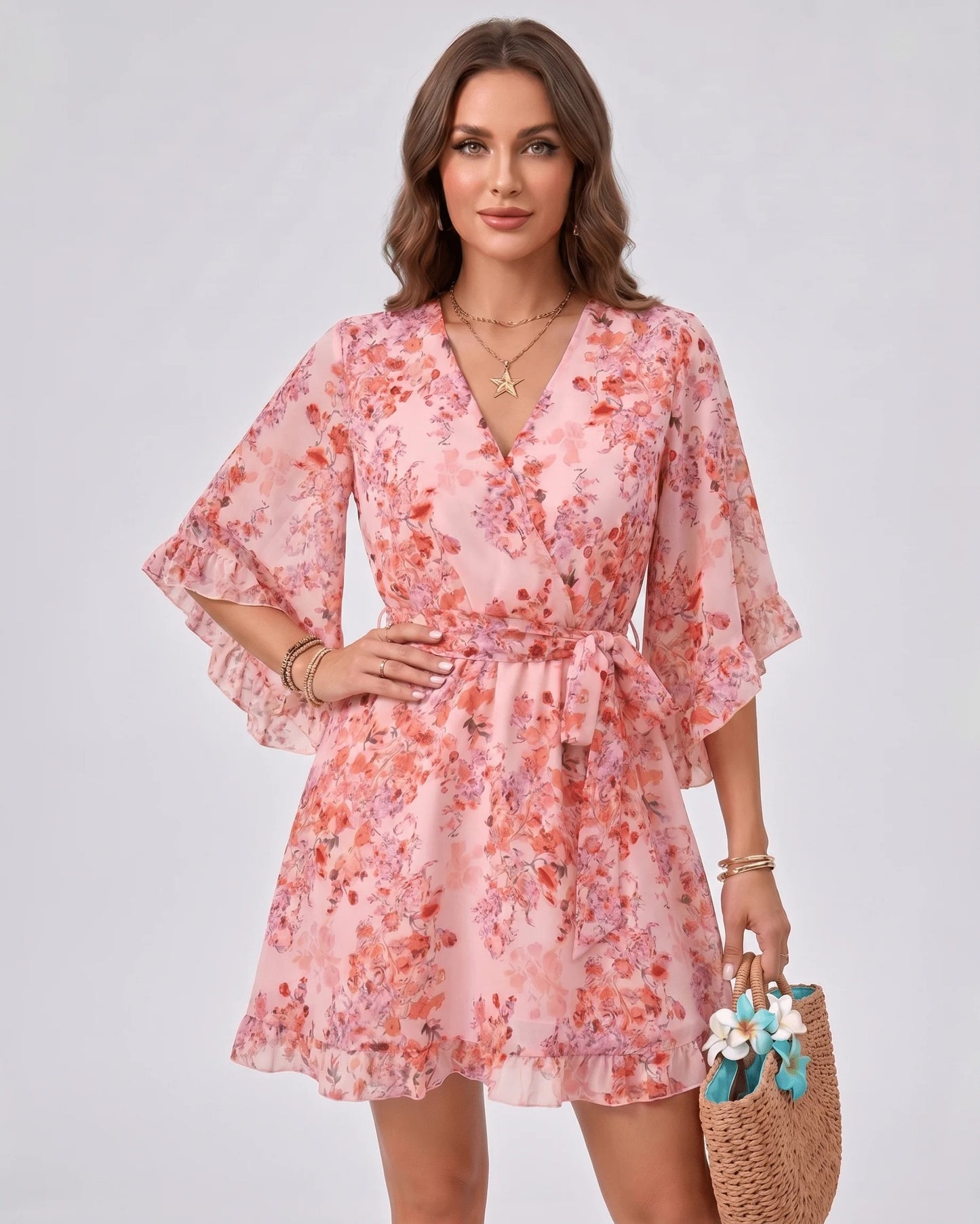 Louise Dames Mini Jurk | Bloemenprint | Overslag met Strikband
