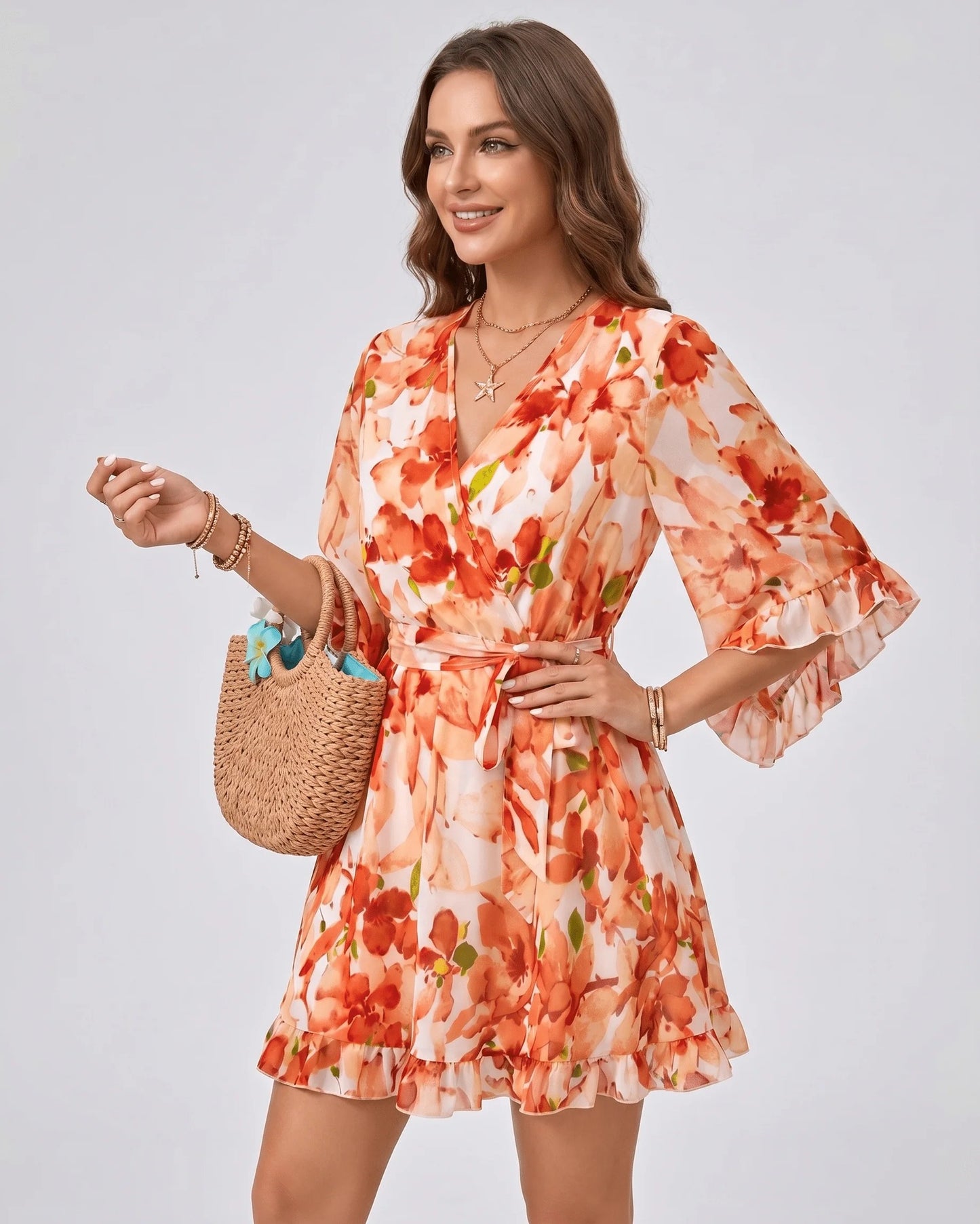 Louise Dames Mini Jurk | Bloemenprint | Overslag met Strikband