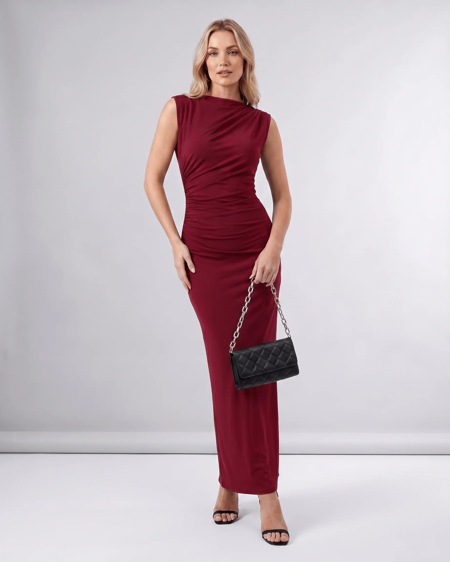 Martine Dames Midi Jurk | Gedrapeerde Taille | Ronde Halslijn