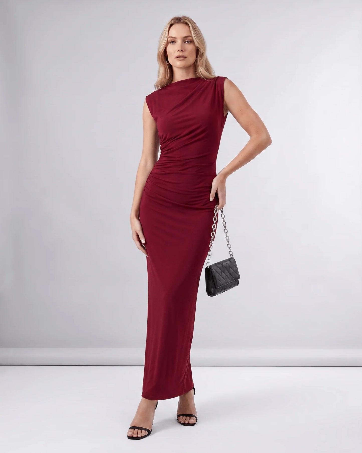 Martine Dames Midi Jurk | Gedrapeerde Taille | Ronde Halslijn