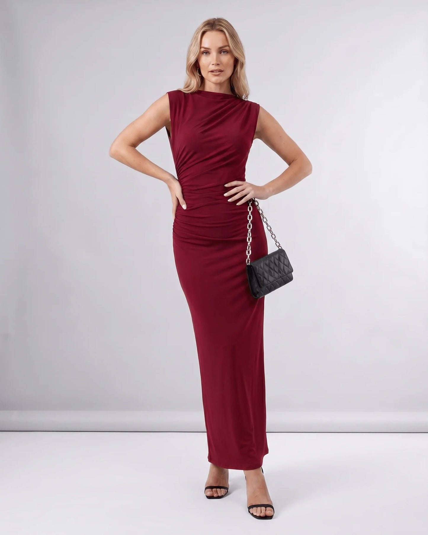 Martine Dames Midi Jurk | Gedrapeerde Taille | Ronde Halslijn