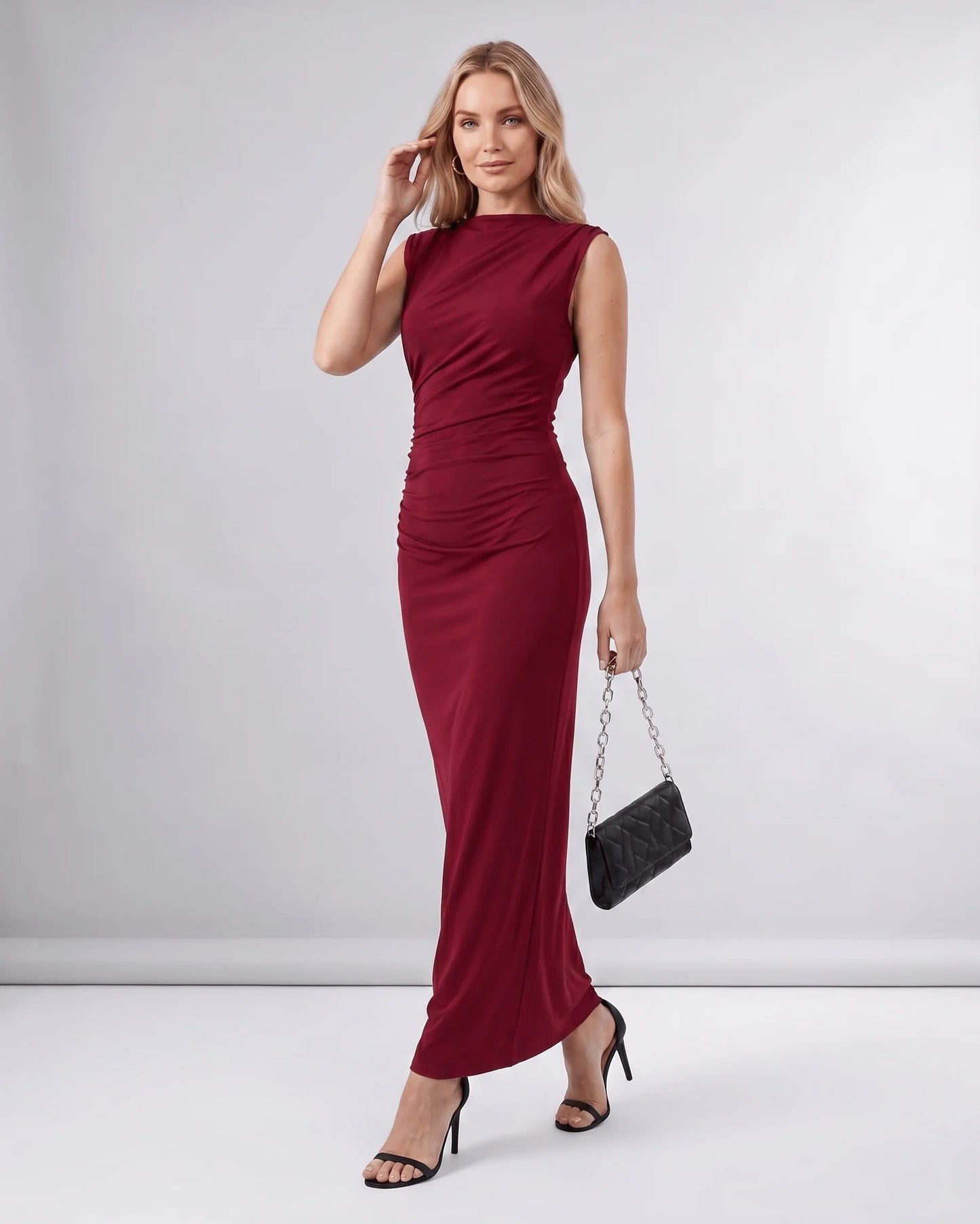 Martine Dames Midi Jurk | Gedrapeerde Taille | Ronde Halslijn