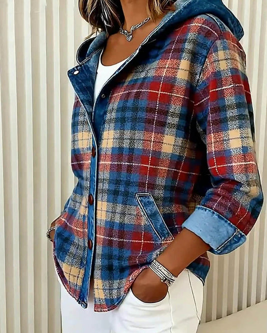 Eunice Damejakke | Denim Hætte | Ternet Print Knapper