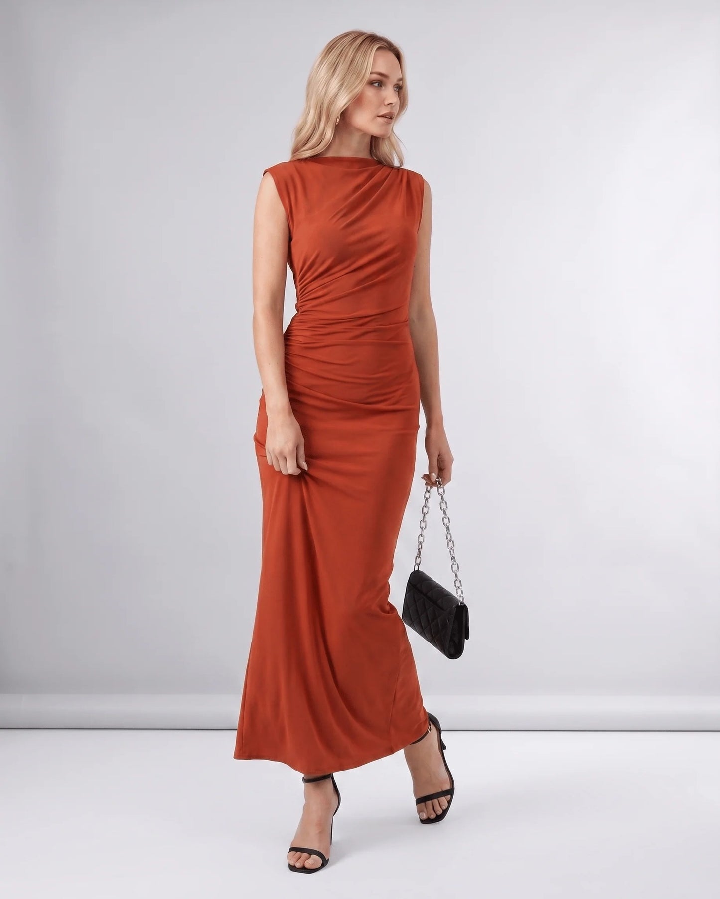 Martine Dames Midi Jurk | Gedrapeerde Taille | Ronde Halslijn