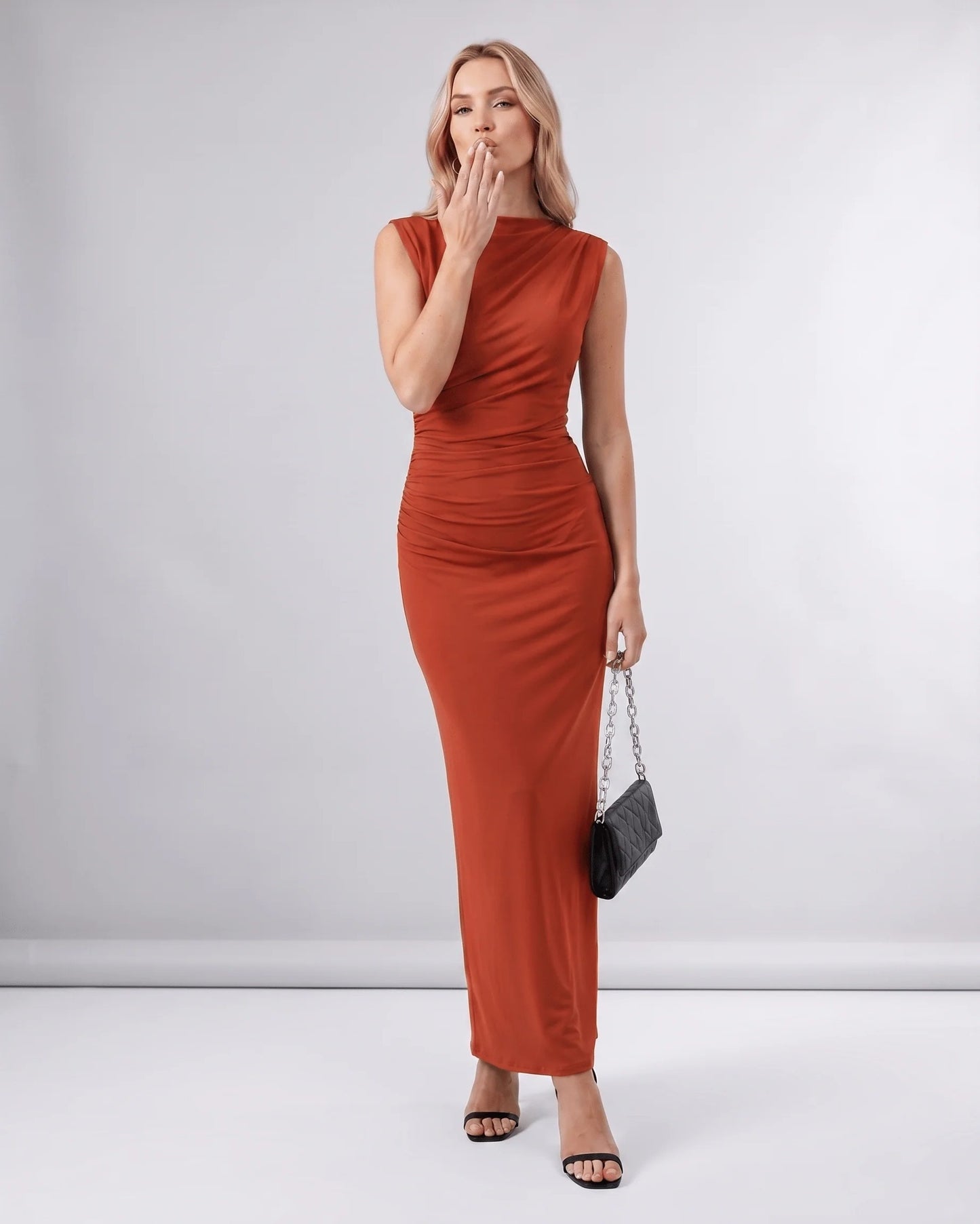 Martine Dames Midi Jurk | Gedrapeerde Taille | Ronde Halslijn