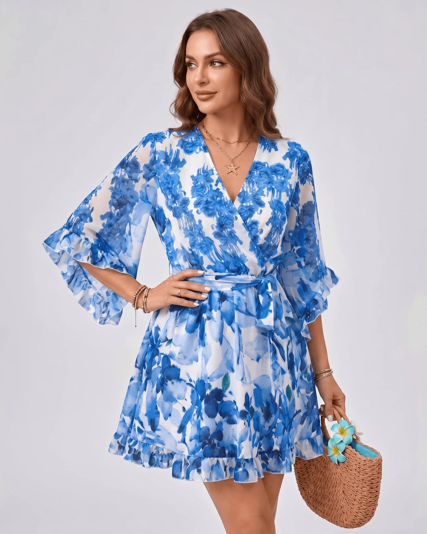 Louise Dames Mini Jurk | Bloemenprint | Overslag met Strikband